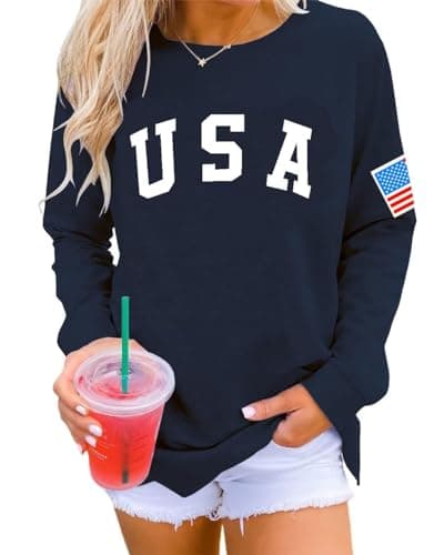 Dressmine Women's USA Crewneck Sweatshirt Casual Long Sleeve Loose Printed America Shirt July 4th Flag Sweater Navy Blue 02 Medium