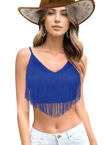 Womens Fringe Western Cowgirl Crop Top - Country Concert Outfit Tassel Hem Tank Nashville Festival Rodeo Shirt(Blue,XL,10741a)