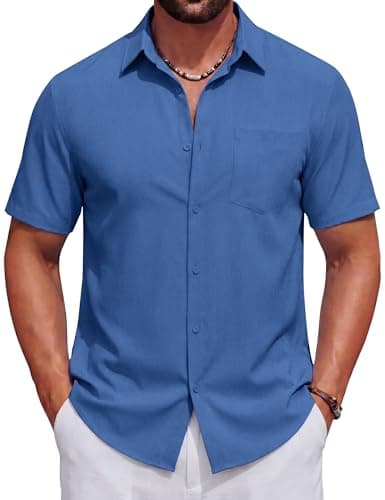 COOFANDY Mens Button Down Shirts Short Sleeve Casual Shirt for Men Beach Summer Wedding Shirt Blue