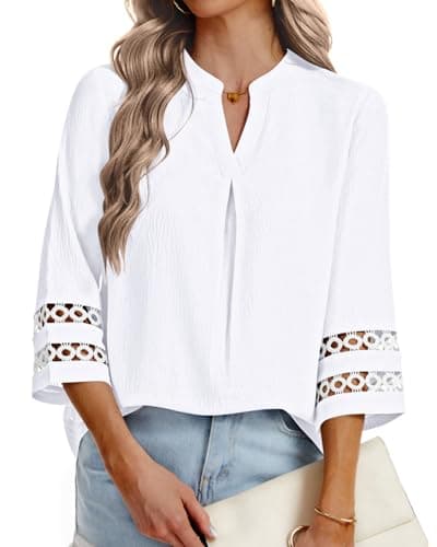 PYGFEMR 3/4 Length Sleeve Womens Tops Casual Dressy Blouses 2026 Trendy V Neck Summer Pleated Work Shirts White S