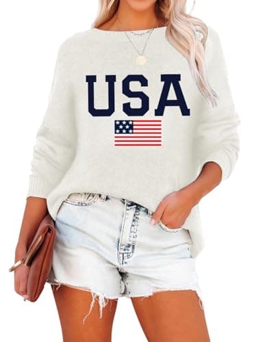 Lacozy Women's Cream Sweater Crew Neck USA Long Sleeve Tops Casual Lightweight Freedom Clothes Spring Trendy 2XL