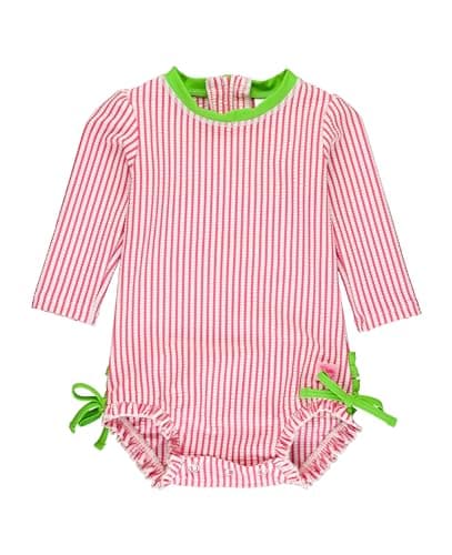 RuffleButts Baby-Girls Seersucker Long Sleeve Rash Guard - One Piece Swimsuit UPF 50+ Toddler