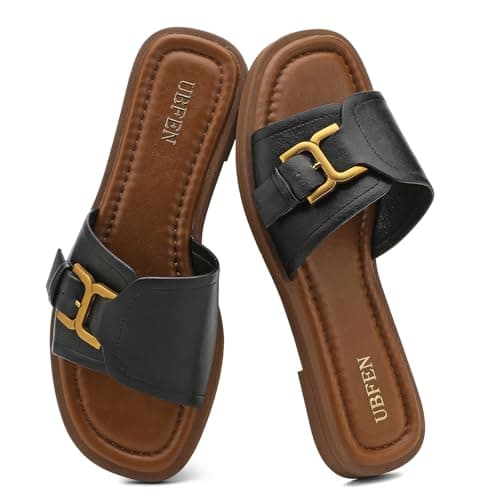 UBFEN Womens Square Toe Flat Sandals Slides Dressy Comfortable for Beach