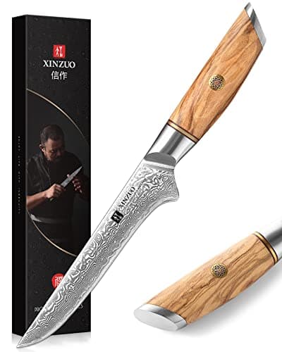 XINZUO 5.9 Inch Boning Knife Damascus Steel Fish Fillet Knife, Powder Steel Core Kitchen Cooking Chef Professional-Razor Sharp Trimming Knife for Meat,Fish,Deboning-Olive Wood Handle