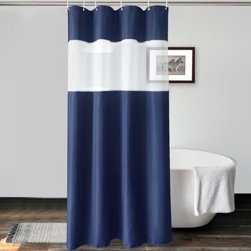 UFRIDAY Navy Blue Waffle Weave Fabric Shower Curtain with Mesh Window Stall Shower Curtain 36 x 72 inch, Heavy Duty Decorative Bathroom Curtain, Spa-Like Hotel Luxury, Water-Repellent