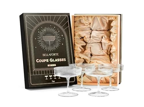 BELLAFORTE Champagne Coupe Glasses, Espresso Martini Glasses | Set of 4 | 7 oz Classic Cocktail Glasses, Fluted Glassware Crystal with Stem for Manhattan, Cosmopolitan in Premium Gift Box
