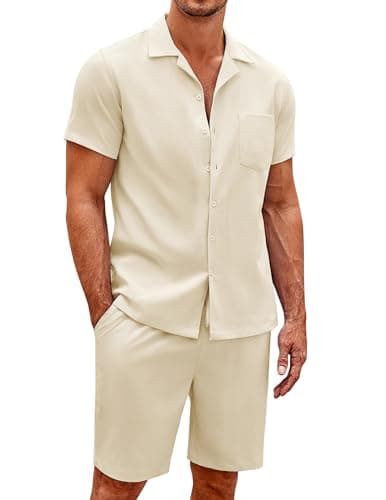 COOFANDY Mens 2 Pieces Cotton Linen Set Short Sleeve Button Up Shirt and Beach Shorts Set Summer Yoga Outfits