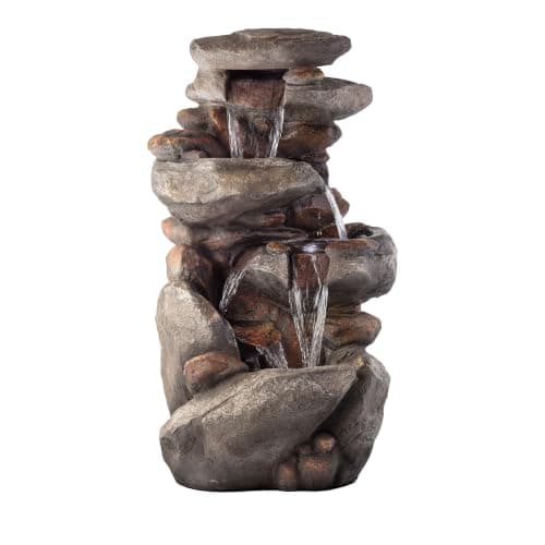 Alpine Corporation | 40" 4-Tier Rock Floor Fountain with Cascading Water & White LED Lights, Tranquil Outdoor Water Feature for Garden, Patio, Yard & Deck, Light Gray