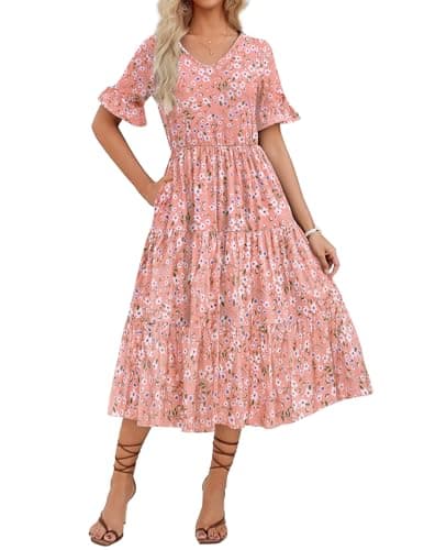 Zeagoo Women's Summer Short Sleeve A-Line Midi Dresses Casual Floral T-Shirt Dresses Flowy Beach Sundress with Pockets