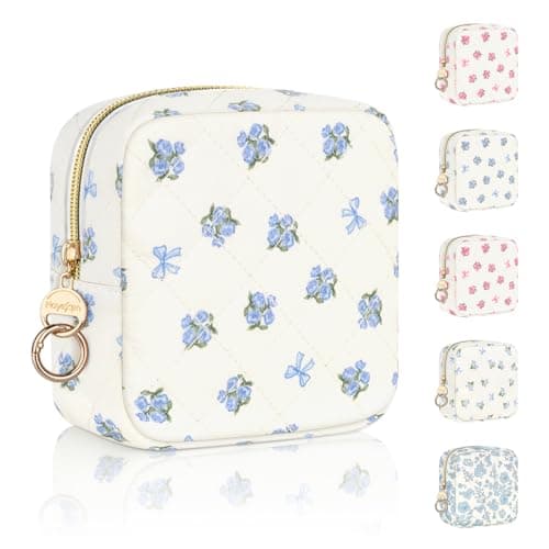 Playexen Floral Period Bag, Small Period Pouches for Teen Girls, Quilted Sanitary Napkin Storage Bag, Compact Discreet Pad and Tampon Holder for Purse (Floral-Rose Blue)