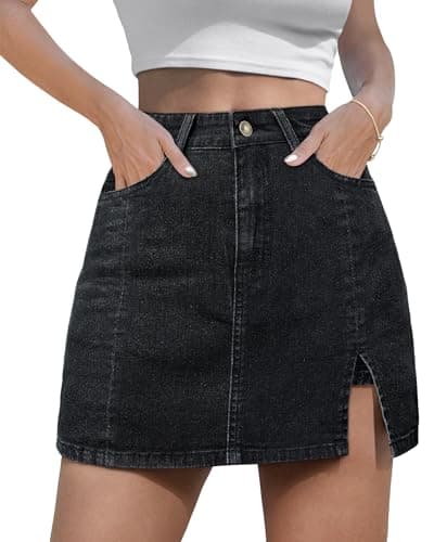 LOLILRSD Women's Denim Mini Skort High Waisted Slit Casual Jean Skirt Shorts 5 Pockets(BK,XL)