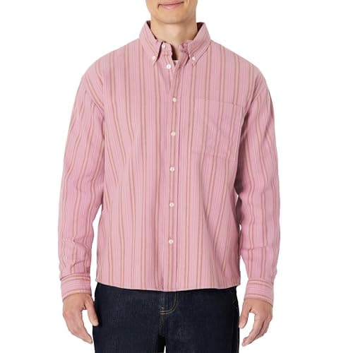 Amazon Essentials Men's Modern Oversized-Fit Cotton Button-Down Shirt, Mauve Dark Chestnut Brown Stripe, Small