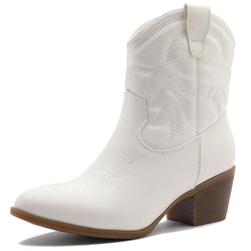 GLOBALWIN Women's White Mid Calf The Western Cowboy Boots Fashion Cowgirl Boots For Women Low Heel Size 9.5M