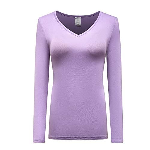 OThread & Co. Women's Long Sleeve T-Shirt V-Neck Basic Layer Stretchy Shirts (Medium, Light Purple)