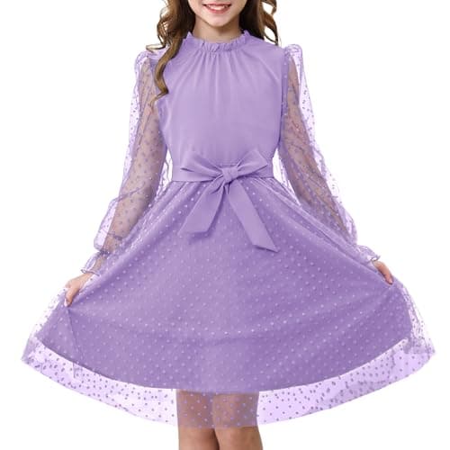 Rolanko Girls Contrast Mesh Dress with Belt, Puff Long Sleeve A-Line Polka Dot Tulle Party Dresses(Purple, 10-11 Y)