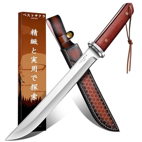 FUSIONKEI Japanese Tanto Knife - Fixed Blade, Rosewood Grip, Leather Sheath