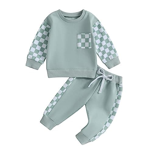 Toddler Baby Boy Fall Outfit Checkerboard Patchwork Long Sleeve Sweatshirts Elastic Waist Pants Cute Newborn Clothes Set (Color Green, 18-24 Months)