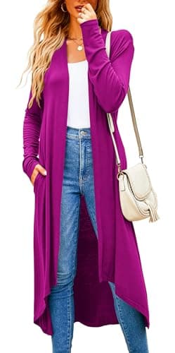 Newchoice Light Weight Cardigan Women Summer Draped Open Front Long Sleeve Cardigan with Pockets(Rose Red,L)