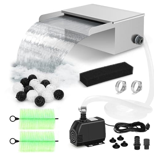 Pond Waterfall Spillway Kit with Filter Media & 800 GPH Pump, 304 Stainless Steel Waterfall Box, 9.8FT Hose, Complete Pond Kit for Outdoor Ponds, Koi Ponds, Fountain (11.8"L x 12"W x 5.1"H)