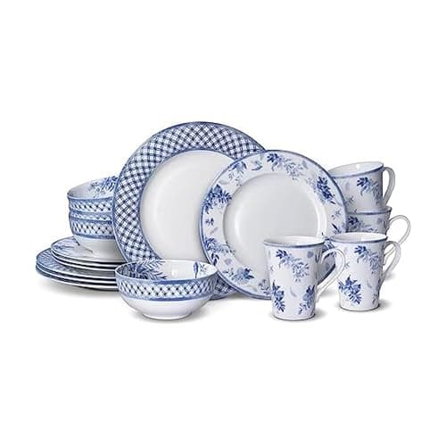 Mikasa Kiley Bone China Lightweight Chip Resistant 16 Piece Dinnerware Set, Service for 4,Blue and White