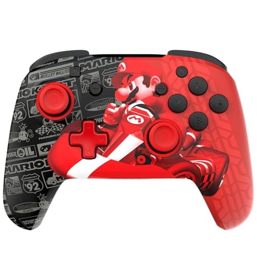 PDP Gaming REMATCH GLOW Wireless Nintendo Switch Pro Controller, Licensed, Nintendo Switch 2|Lite|OLED, Motion Controls, Rechargeable Battery Power, Glow in the Dark: Grand Prix Mario (Red and Black)