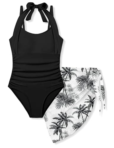 Tomolant Girls Swimsuit Set - Girls Swimsuits Size 14-16 Halter Neck One Piece Bathing Suit with Tropical Cover Up Skirt, Quick Dry Padded Teen Swimwear Black