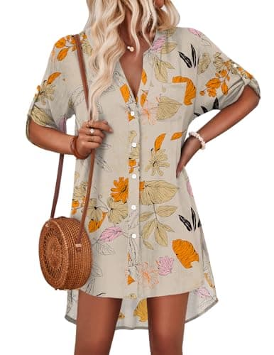 AI'MAGE Women's Swimsuit Cover Ups Shirt V-Neck Button Down Bathing Suit Coverups Beach Tunic Top, Floral-Peach, 3X-Large