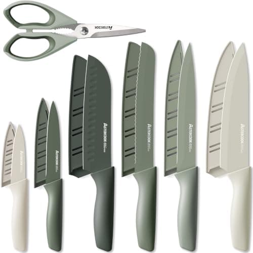 Astercook Knife Set, 13 Pieces Kitchen Knives Set with Healthy Anti-Rust Coating, Dishwasher Safe, Stainless Steel Chef Knife Sets with 6 Blade Guards, Perfect Holiday Gifts for Kitchen Green
