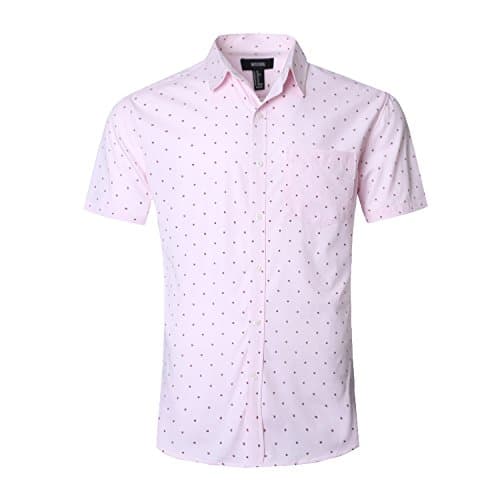Men's Regular Fit Short Sleeve Dress Shirt Button Down Casual Oxford Pink Prints Shirts for Men