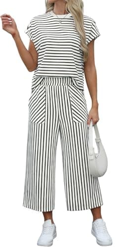 Sweetmoon 2 Piece Sets for Women Travel Outfits, Black Striped XL