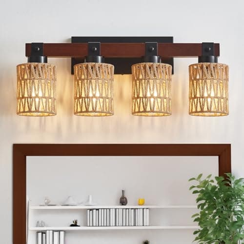 Aixialin 4 Light Bathroom Vanity Light Fixtures,Rustic Style Wood Bathroom Wall Sconce, Handmade Bamboo Woven Boho Wicker Basket Lamp Shade,Suitable for Bedroom, Hallway, and Living Room