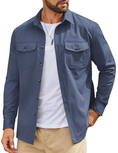 COOFAND Work Shirts for Men Casual Button Down Long Sleeve Shirts Jackets for Men Lightweight Grey Blue