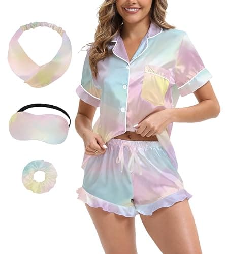 MORFORU Silk Pajamas for Women Satin Pajama Set 2 piece Short Sleeve Ruffle Shorts Button Down Pjs Sets Sleepwear (Fantasy Rainbow, M)