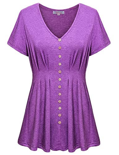 AxByCzD Fashion Tops for Women 2026 Short Sleeve V Neck Button Décor Ruched Shirts Purple Medium