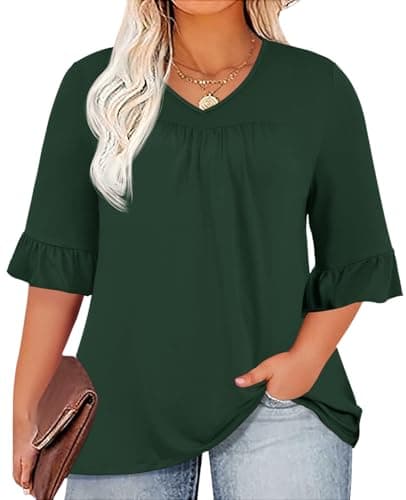 Chulianyouhuo Womens Plus Size Tops 3/4 Sleeve Casual Shirts V Neck Ruffle Loose Fit Tunic Blouse XL-5X Green