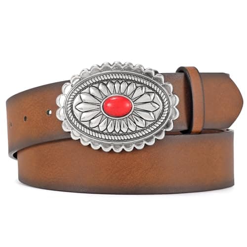 XZQTIVE Women Western Leather Belt Vintage Country Belts For Cowgirl Jeans Dresses Ladies Concho Belt With Turquoise Buckle