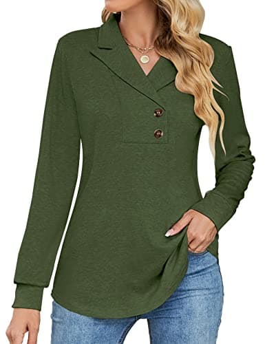 Micoson Womens Long Sleeve Button Lapel Tunic Tops V Neck Swing Sweatshirt