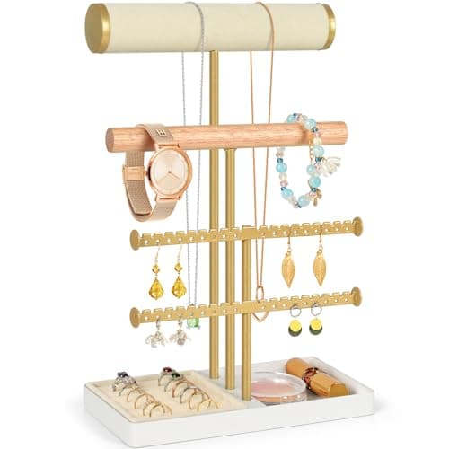 PAMANO 3 Tier Jewelry Stand Organizer with Tary, Bracelet Holder Display, Beige Velvet Necklace Holder for Women, Jewelry Storage for Bracelets, Necklaces, Earrings, Rings, Watches