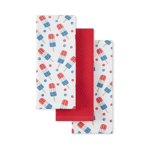 Martha Stewart Americana Stripesicle Ice Pop Holiday Kitchen Towels 3-Pack Set, 100% Cotton, Absorbent, Patriotic USA America Decor, Red/White/Blue, 16"x28"