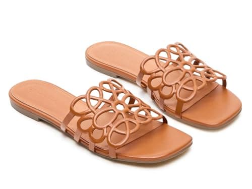 Coutgo Womens Flat Sandals Comfortable Square Open Toe Slides Slip On Summer Dressy Beach Shoes, Brown, size 10