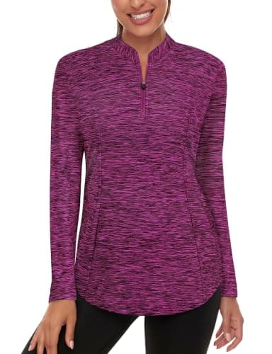Misyula Style Golf Shirts for Women Long Sleeve Quarter Zip Sun Protection Athletic Shirt Quick Dry Tennis Pickleball Hiking Running Outdoors Workout Tops,Striped Purple,M