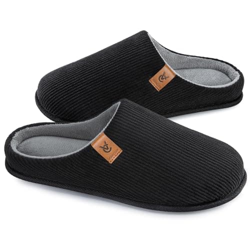 VeraCosy Mens Slippers Corduroy Memory Foam House Shoes Dark Black,11-12 US