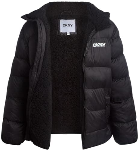 DKNY Boys Puffer Jacket - Heavyweight Sherpa Lined Hooded Bubble Puffer with Pockets - Warm Insulated Winter Jacket for Boys, Size 10-12, Raven Black