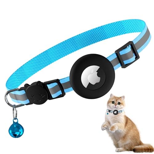Meliya Airtag Cat Collar Breakaway with Bell, Adjustable Reflective Pet Kitten Collar with Apple Air Tag Holder Case for Girl Boy Cats (Striped Blue)