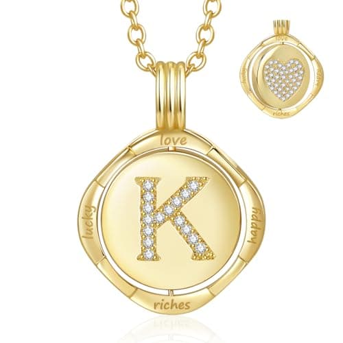 Auspicious Cheerful Gold Initial Necklace for Women - 14K Gold Plated Heart Necklaces, Double Rotating Letter Pendants, Personalized Women’s Jewelry, Birthday Gifts, Christmas Valentines Day Present