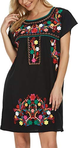 Women's Mexican Embroidered Peasant Dress Boho Short Sleeve Shift Sundress