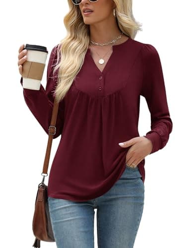 LOMON Tops for Women 2025 Trendy Long Sleeve Shirts V Neck T-Shirt Pleated Button Down Blouse Work Clothes Tunic Wine Red, L