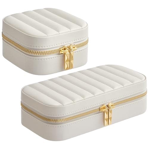 SONGMICS HOME ANAH Collection - Travel Jewelry Box Bundle, Small Jewelry Case Organizer with Mirror, PU Surface with Stitching, Portable, Zippers, Gift Idea, Cloud White UJBC180W01 and UJBC179W01