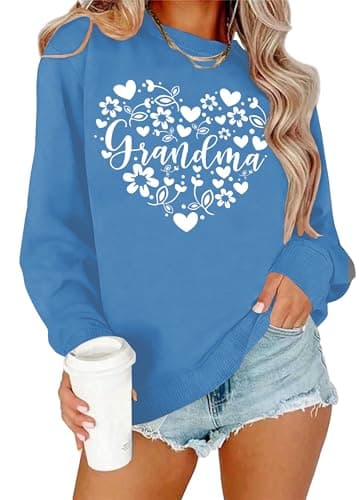 ELDPS Grandma Sweatshirts for Women: Grandma Floral Heart Shirts Long Sleeve Grandmother Gifts Crewneck Pullover Tops Blue