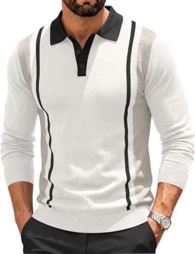 Hardaddy Mens Knit Polo Sweater Color Block Long Sleeve Pullover Shirts